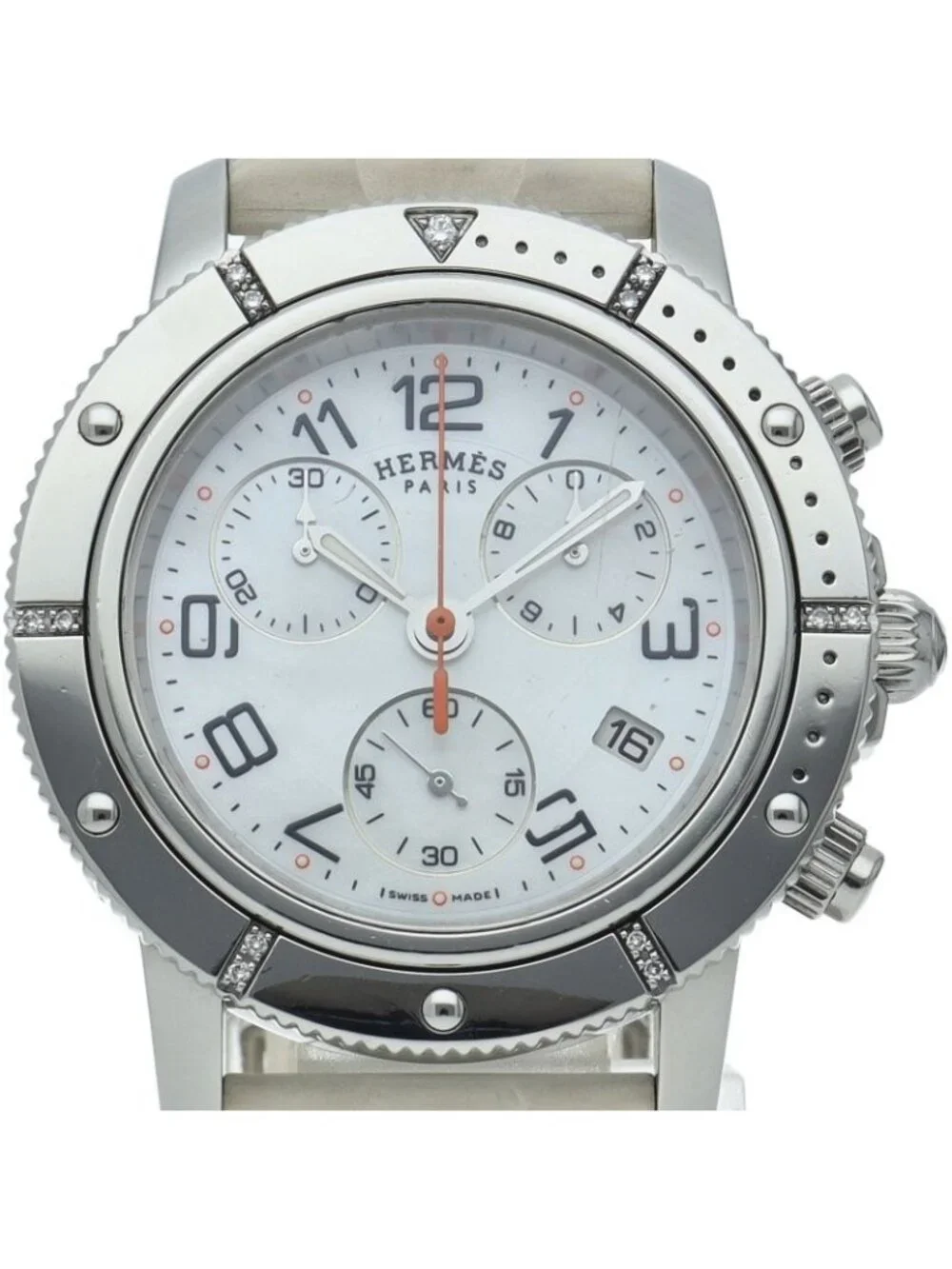 Hermes Clipper Chronograph Diamond Bezel Shell SS Rubber Watch White